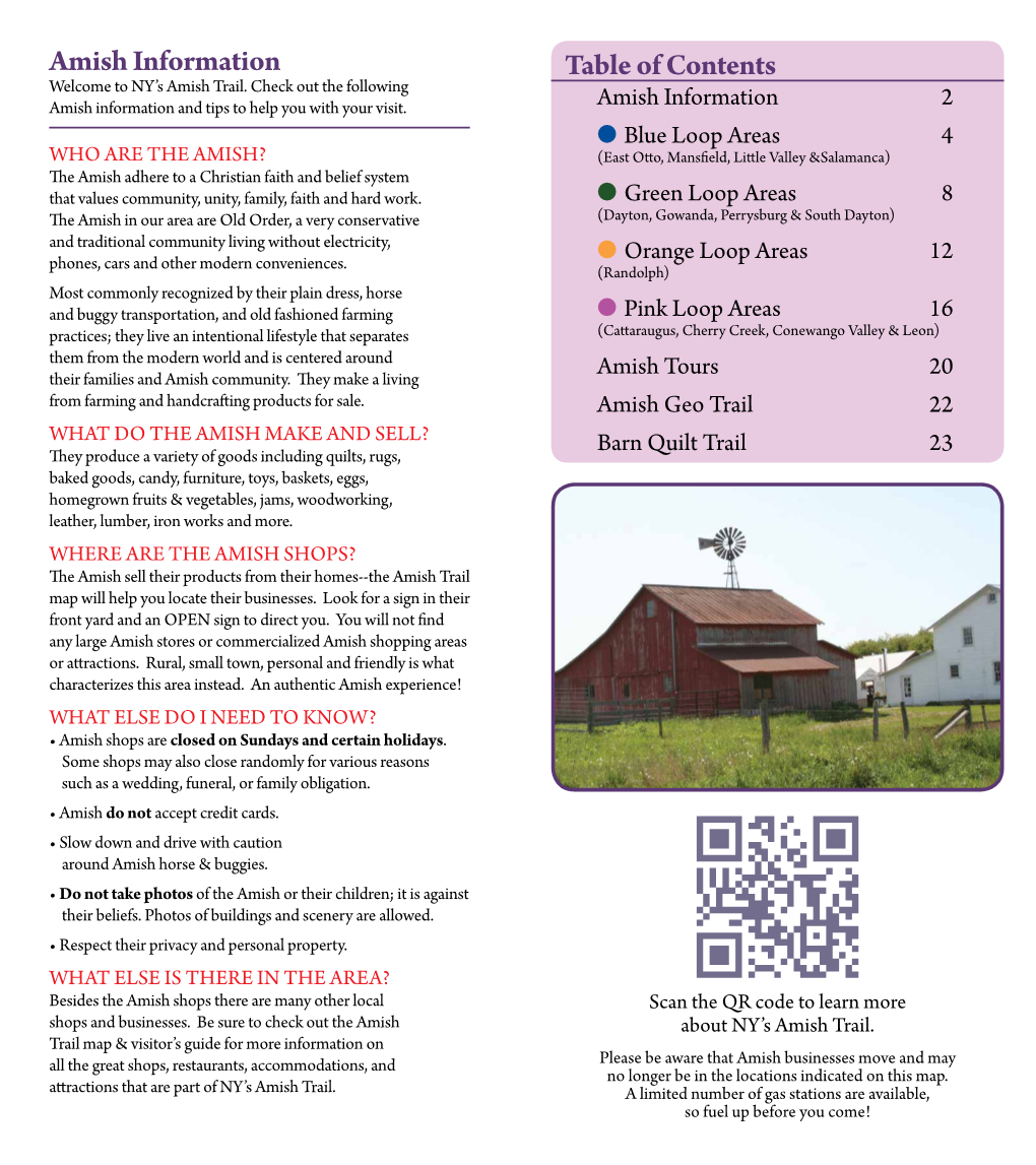 Amish Information Table of Contents Welcome to NY’S Amish Trail