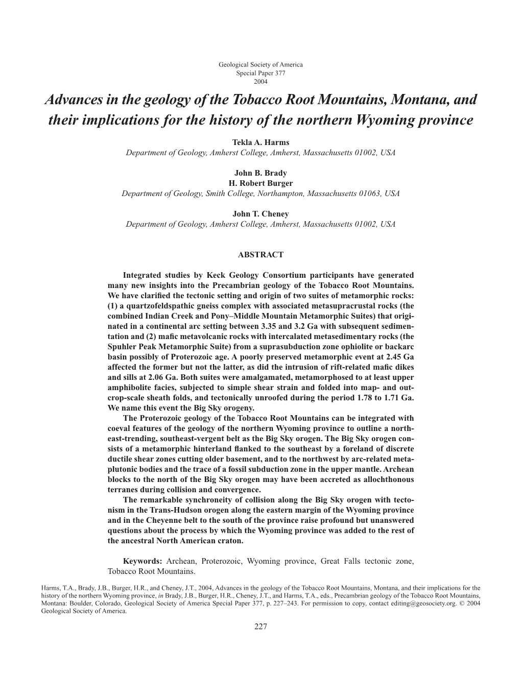 Advances in the Geology of the Tobacco Root Mountains, Montana, and Their Implications for the History of the Northern Wyoming Province