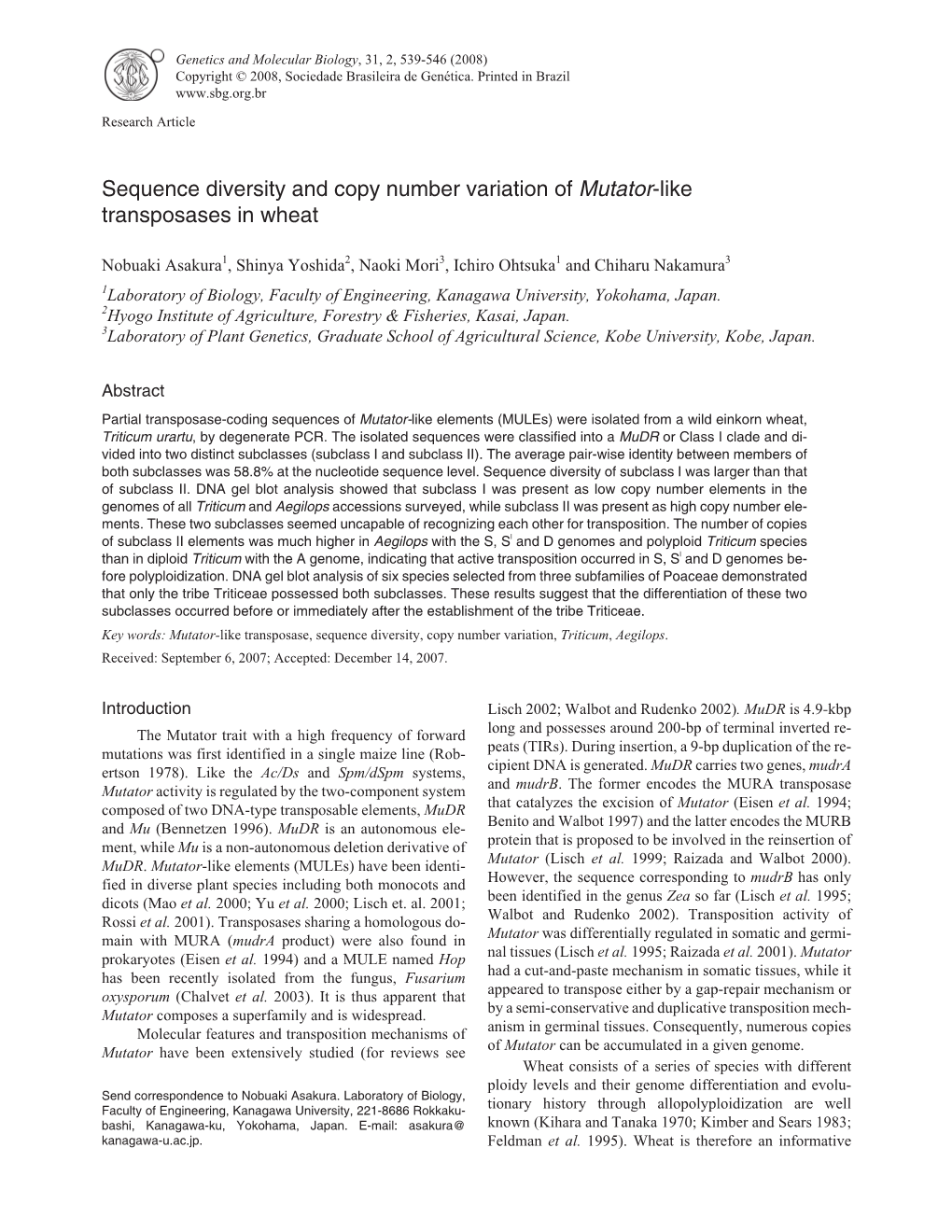 Sequence Diversity and Copy Number Variation of Mutator-Like Transposases in Wheat