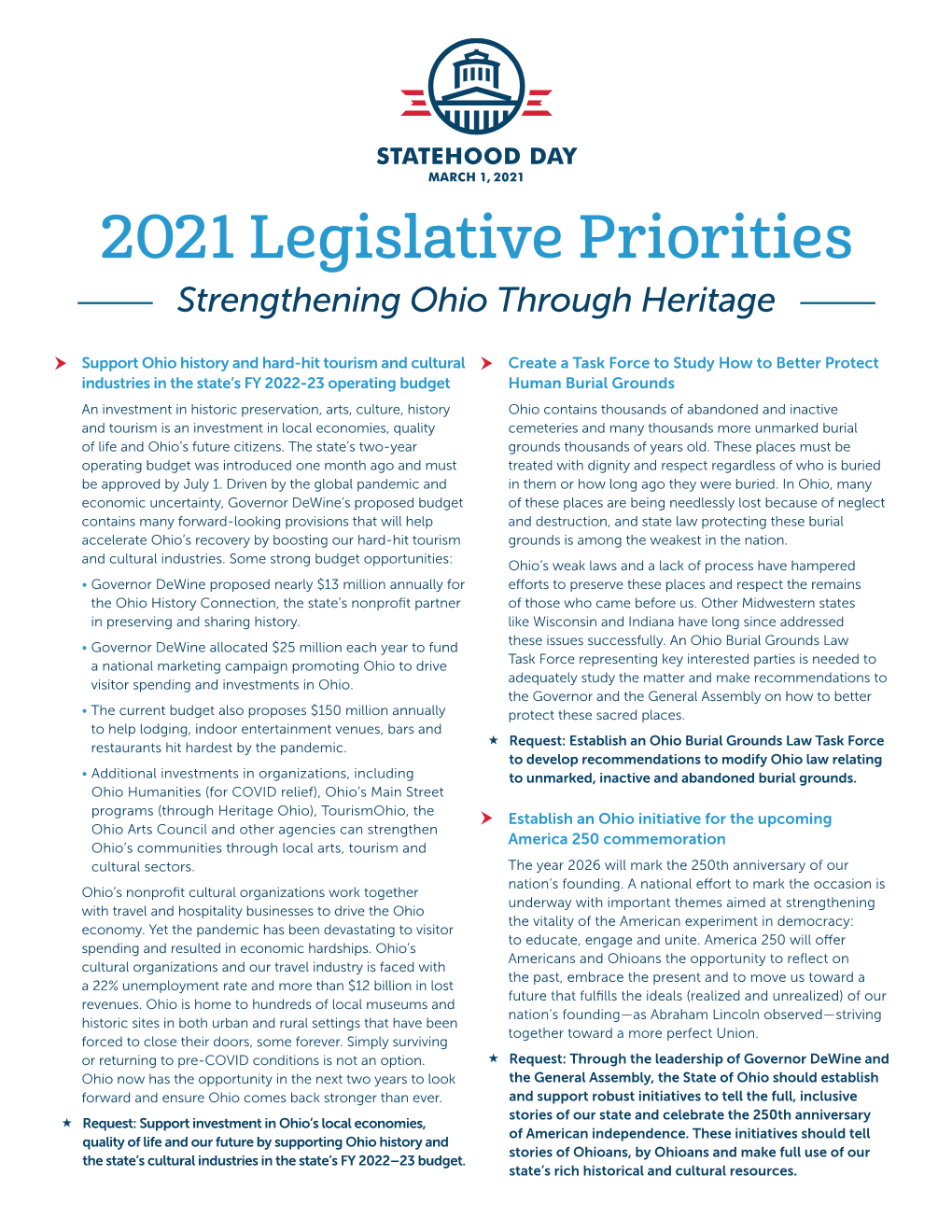 2021 Legislative Priorities Strengthening Ohio Through Heritage