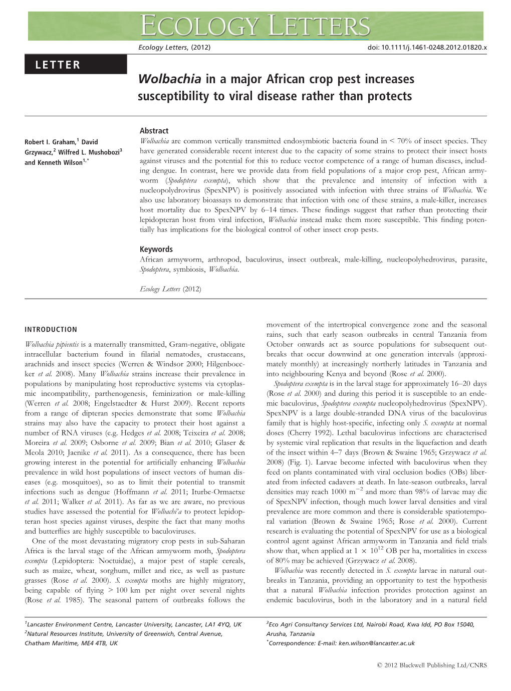 Wolbachia in a Major African Crop Pest Increases Susceptibility to Viral Disease Rather Than Protects