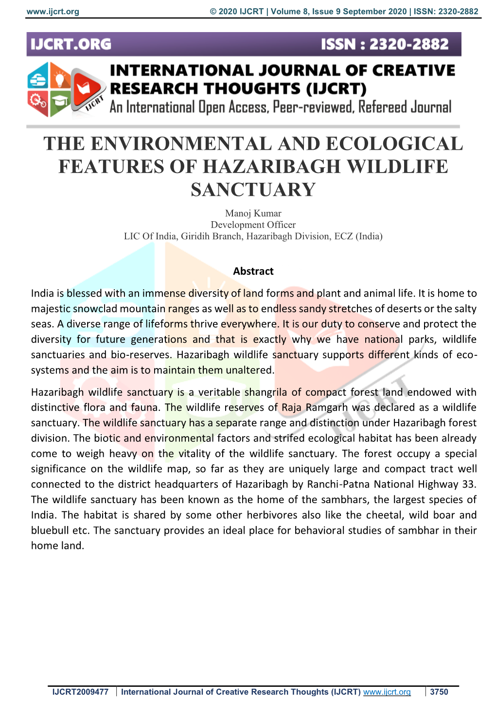The Environmental and Ecological Features of Hazaribagh Wildlife Sanctuary
