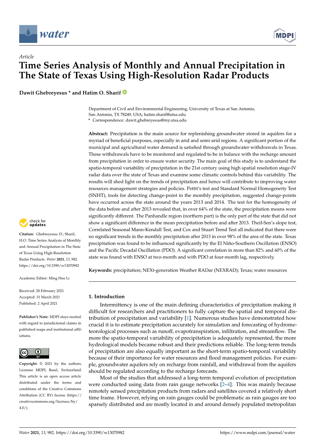 Time Series Analysis of Monthly and Annual Precipitation in the State of Texas Using High-Resolution Radar Products