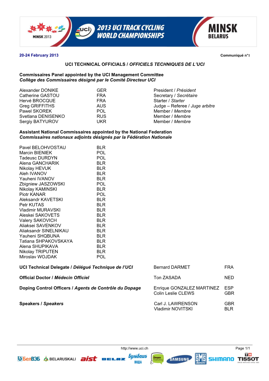 Uci Technical Officials / Officiels Techniques De L’Uci