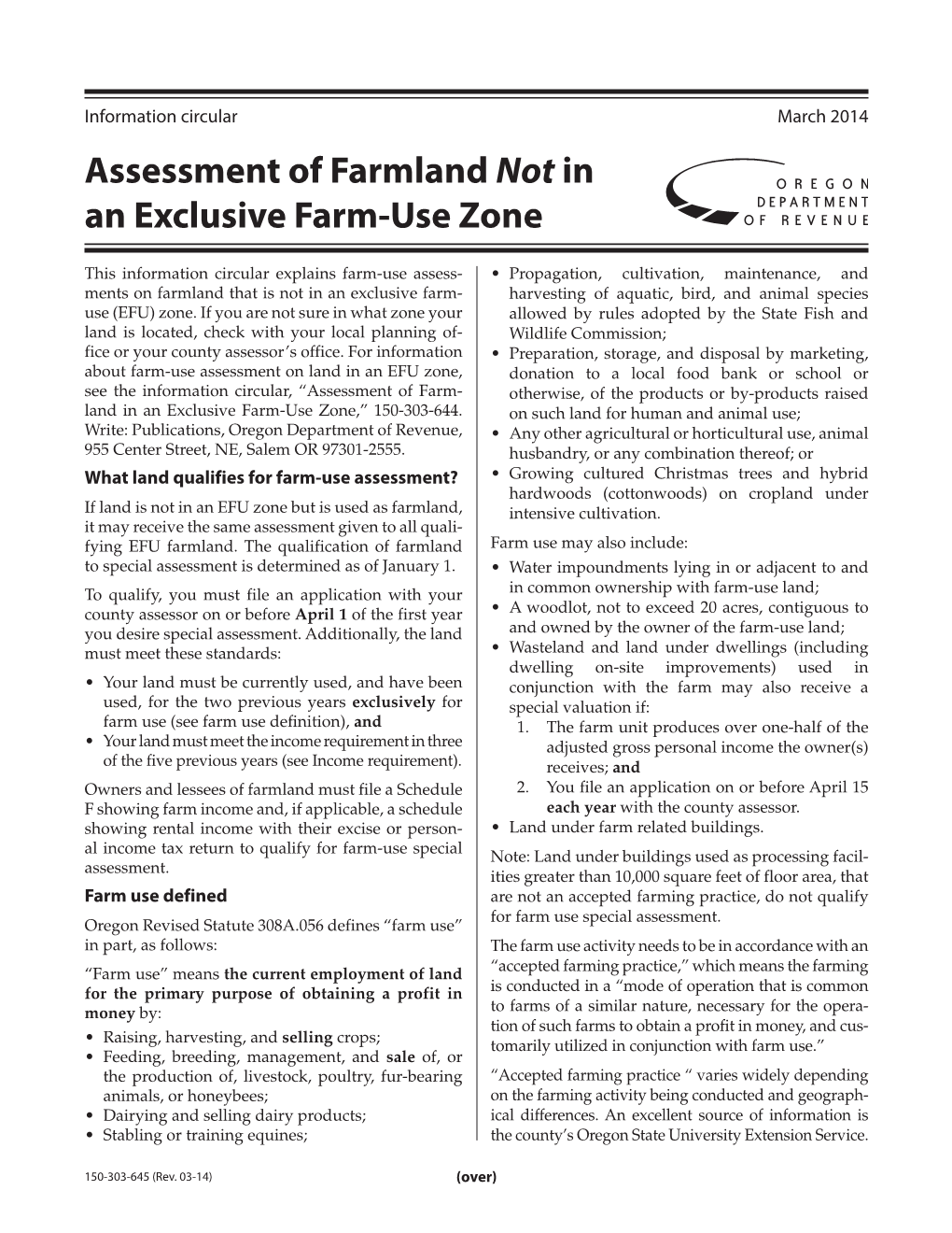 Assessment of Farmland Not in an Exclusive Farm-Use Zone