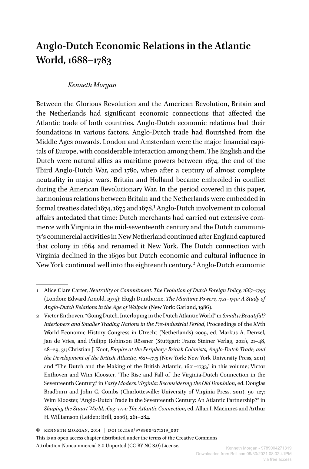 Anglo-Dutch Economic Relations in the Atlantic World, 1688–1783