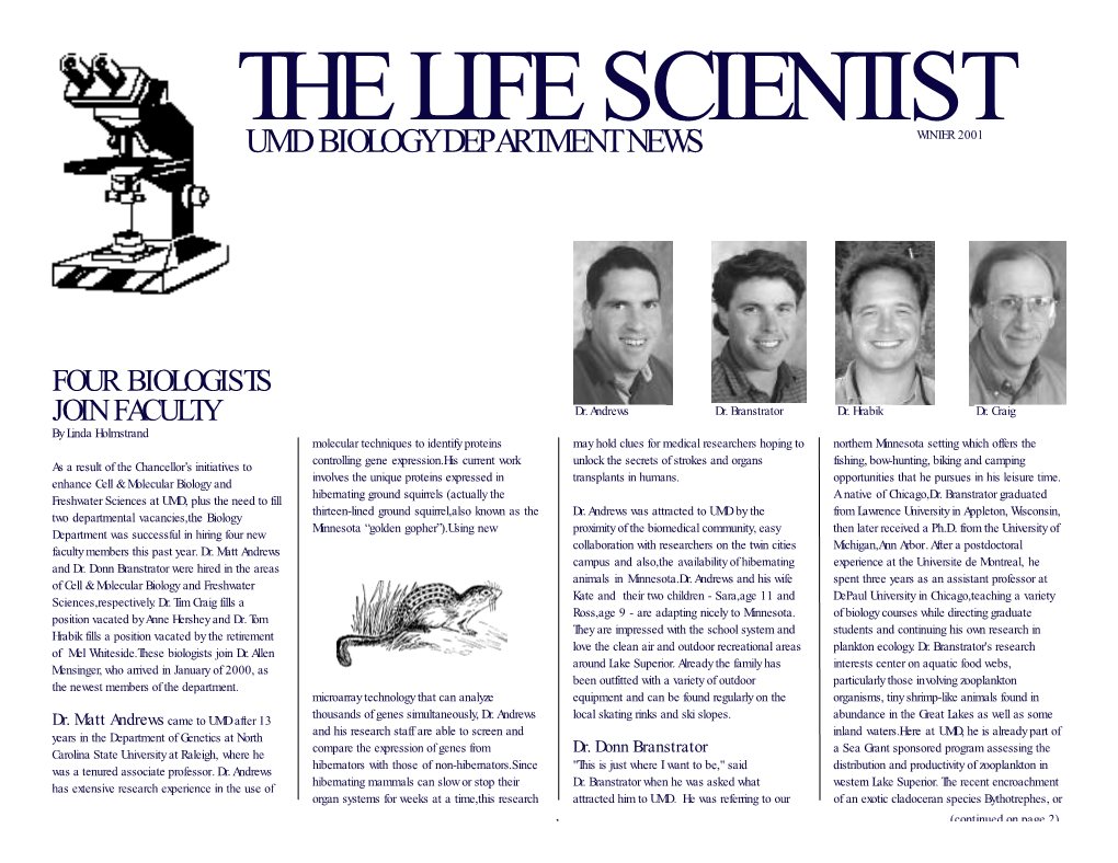 The Life Scientist Umd Biology Department News Winter 2001
