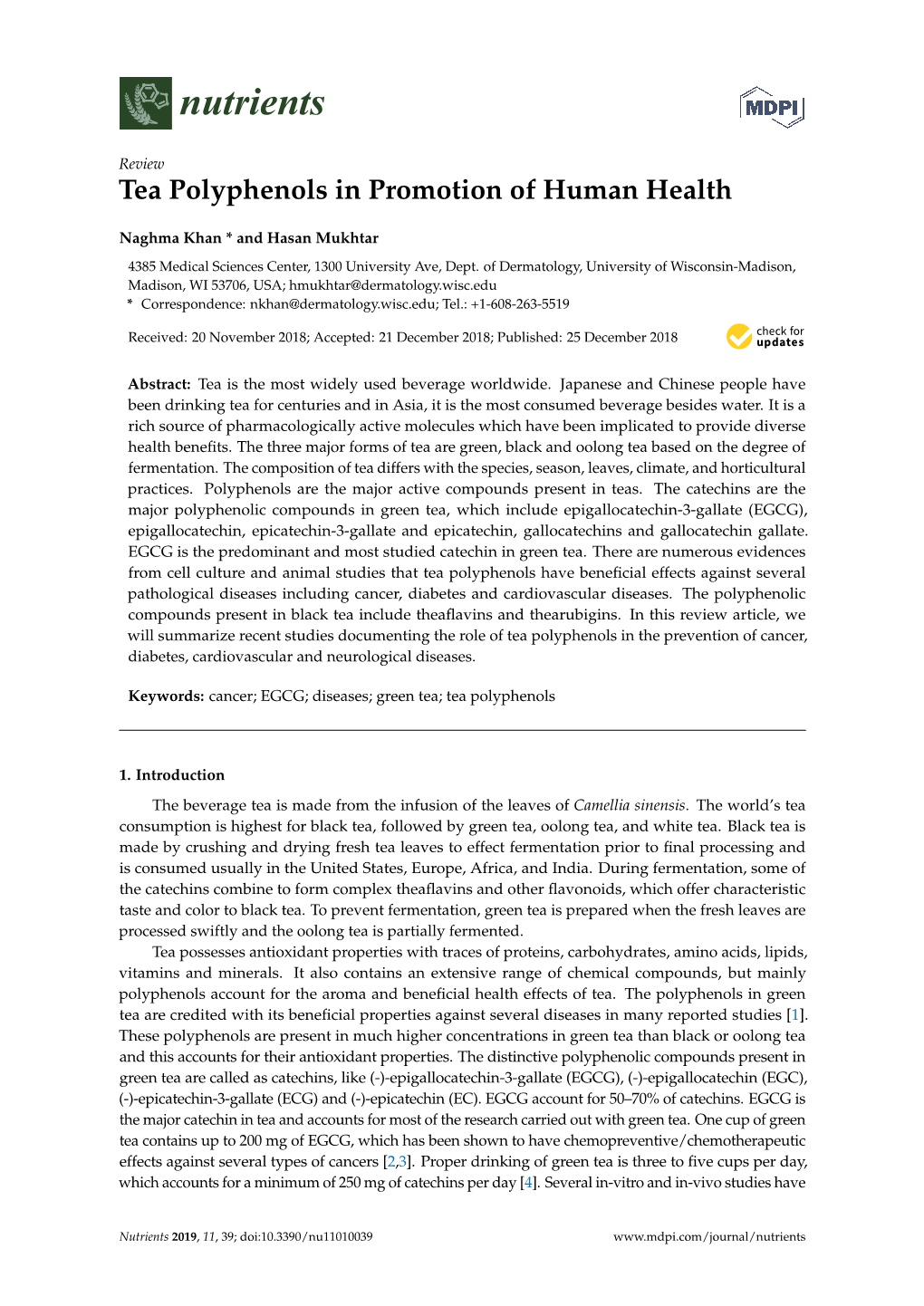 Tea Polyphenols in Promotion of Human Health