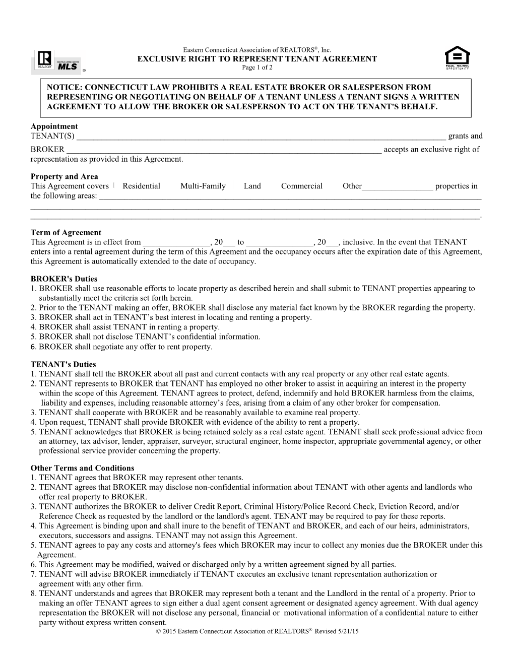 EXCLUSIVE RIGHT to REPRESENT TENANT AGREEMENT Page 1 of 2