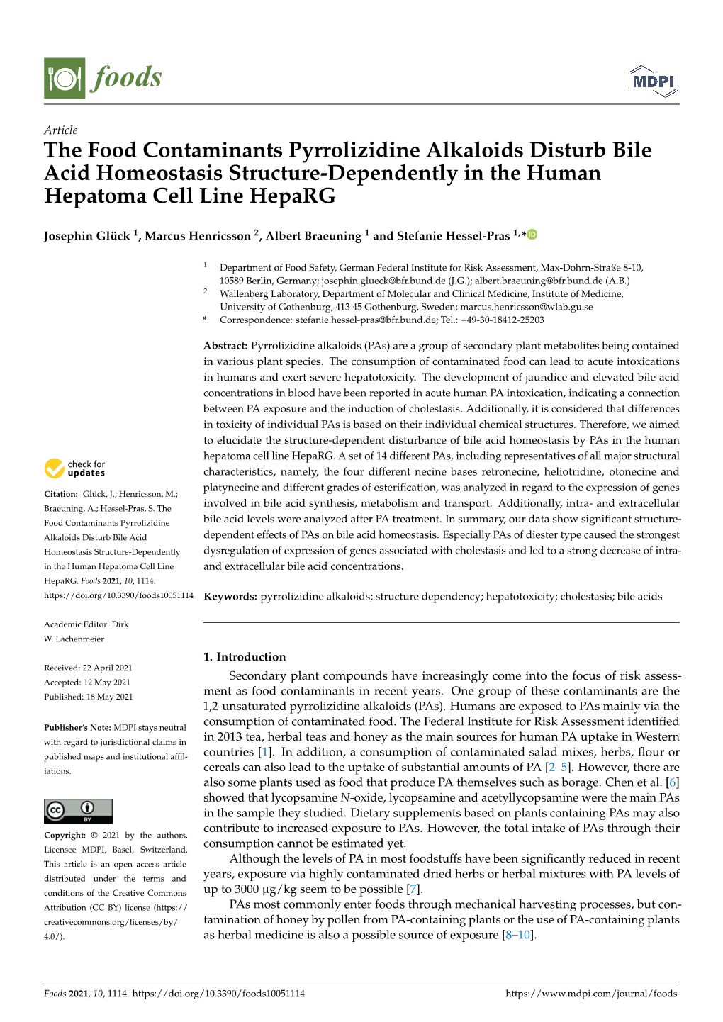 The Food Contaminants Pyrrolizidine Alkaloids Disturb Bile Acid Homeostasis Structure-Dependently in the Human Hepatoma Cell Line Heparg