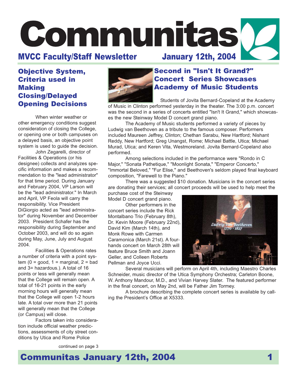 MVCC Faculty/Staff Newsletter January 12Th, 2004 Communitas