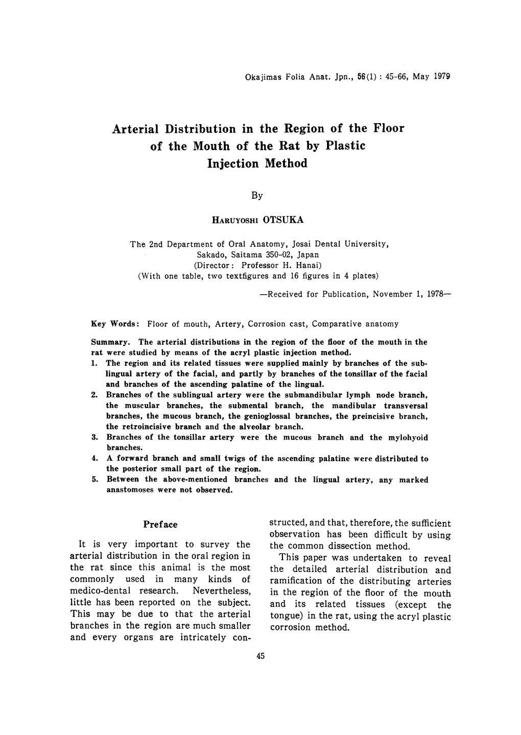 Arterial Distribution in the Region of the Floor of the Mouth of the Rat by Plastic Injection Method