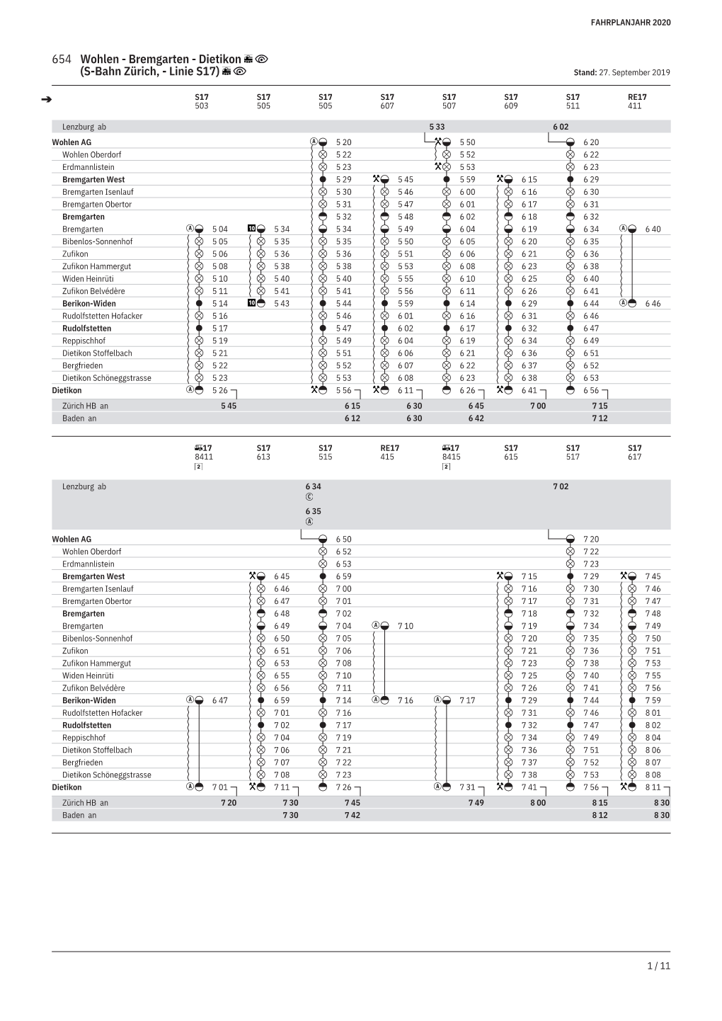 654 Wohlen - Bremgarten - Dietikon (S-Bahn Zürich, - Linie S17) Stand: 27