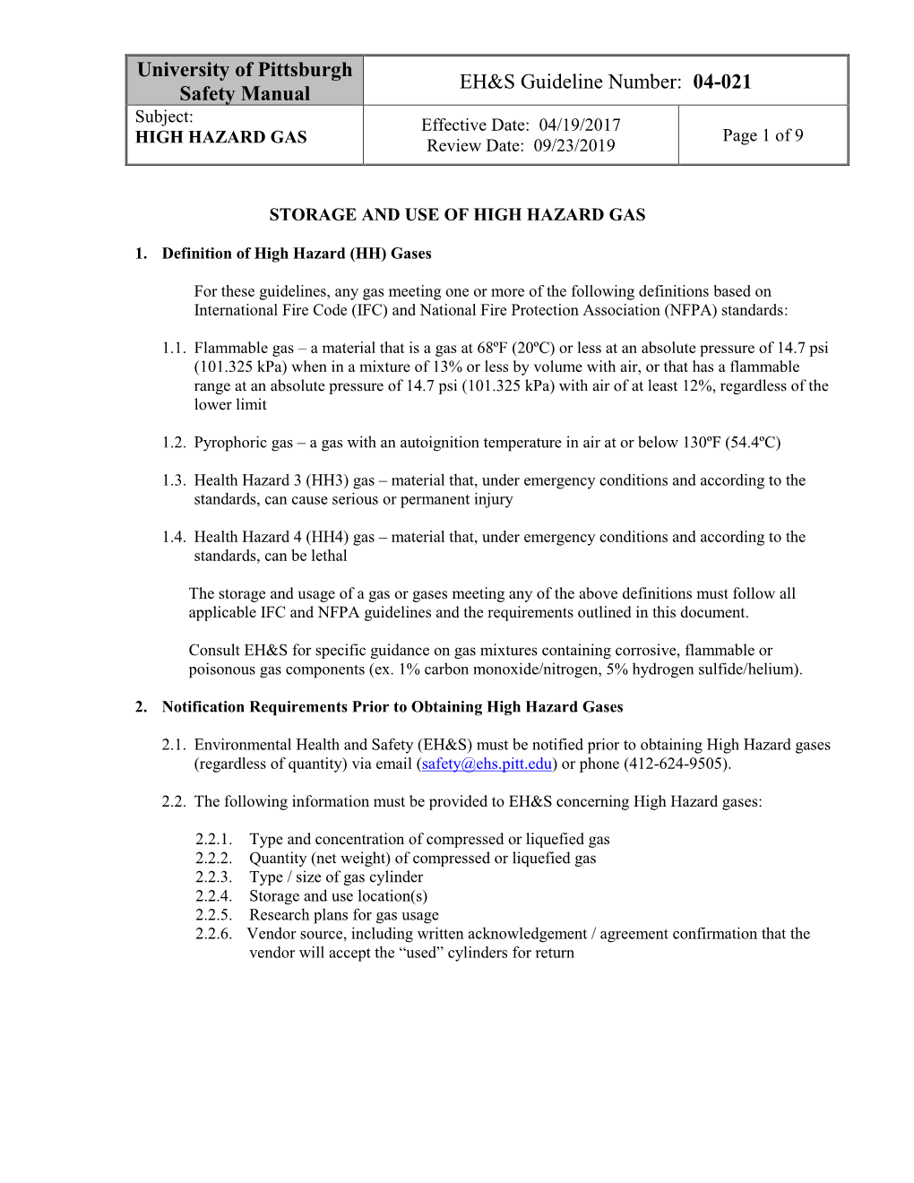 HIGH HAZARD GAS Review Date: 09/23/2019