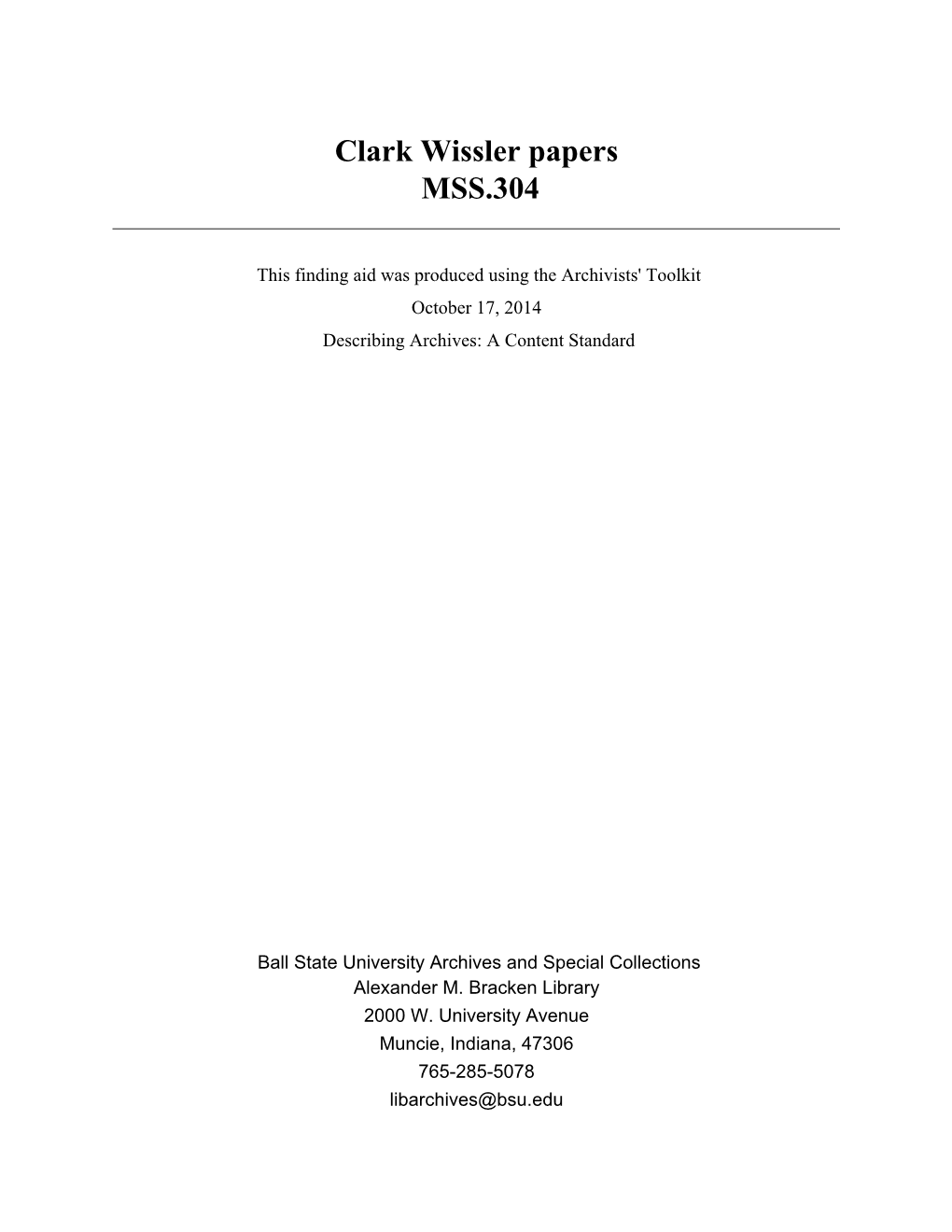 Clark Wissler Papers MSS.304
