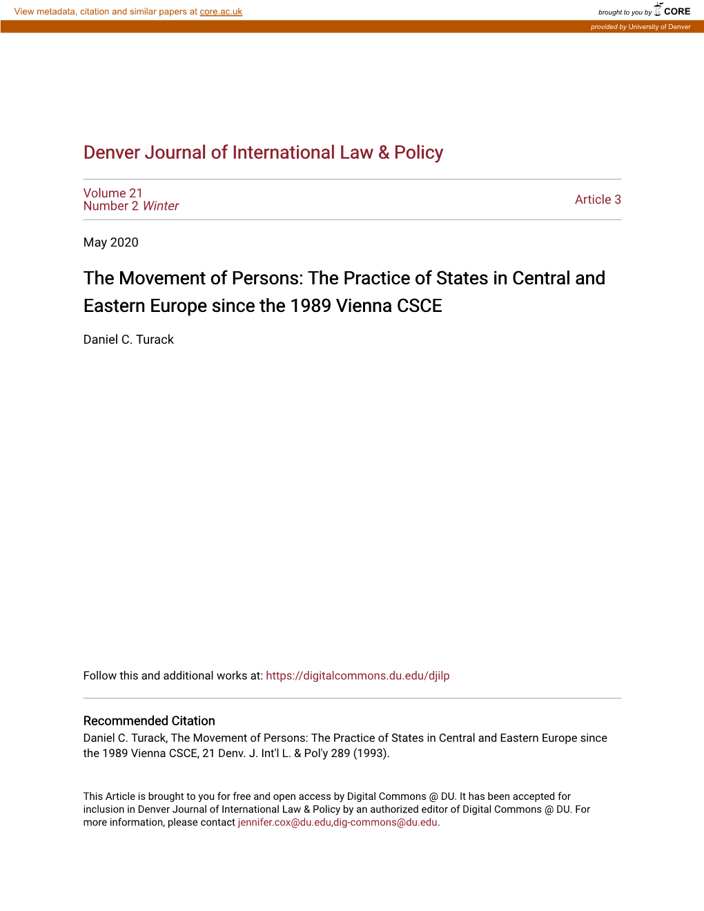 The Movement of Persons: the Practice of States in Central and Eastern Europe Since the 1989 Vienna CSCE