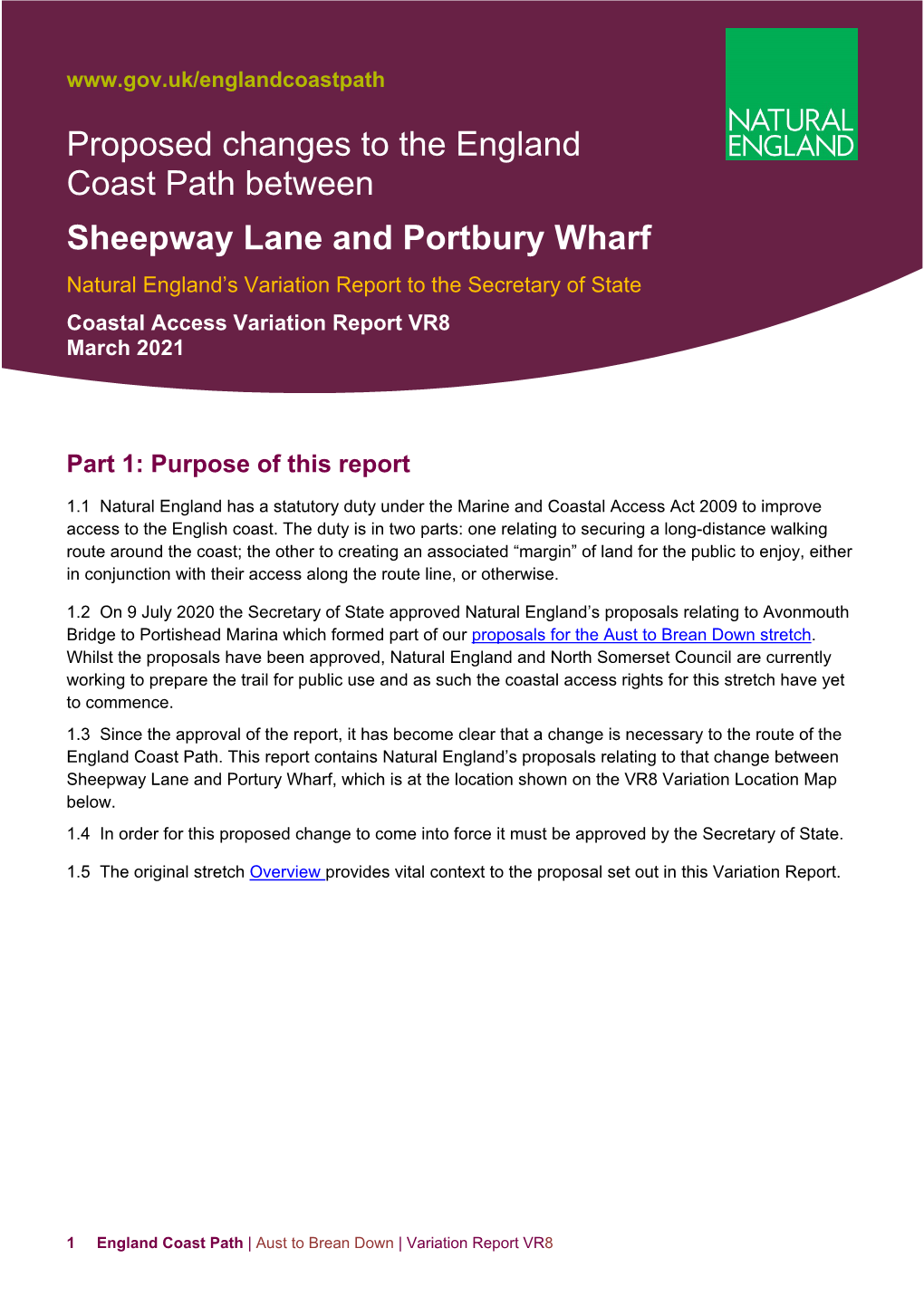 Sheepway Lane to Portbury Wharf Variation Report (VR8)