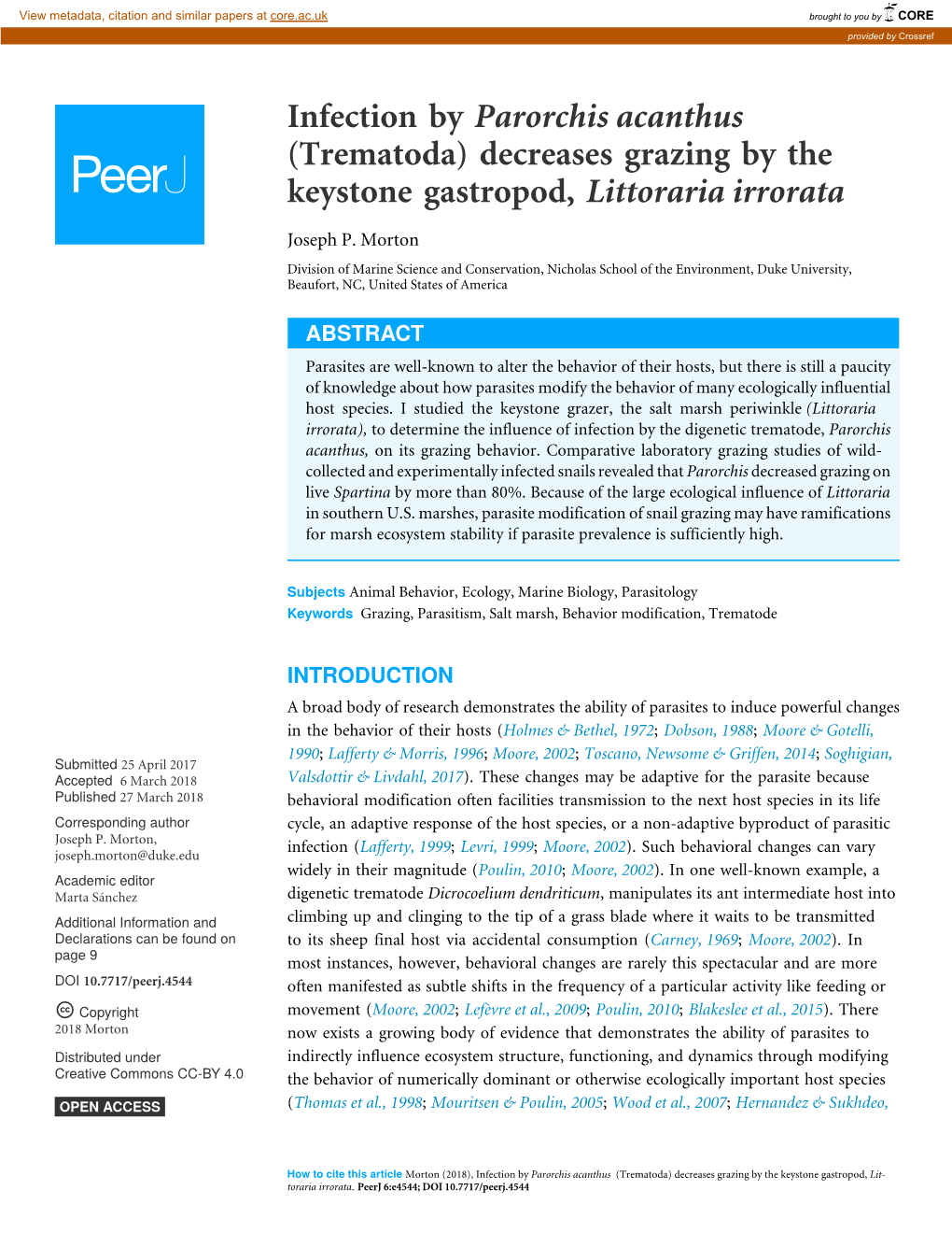 Infection by Parorchis Acanthus (Trematoda) Decreases Grazing by the Keystone Gastropod, Littoraria Irrorata