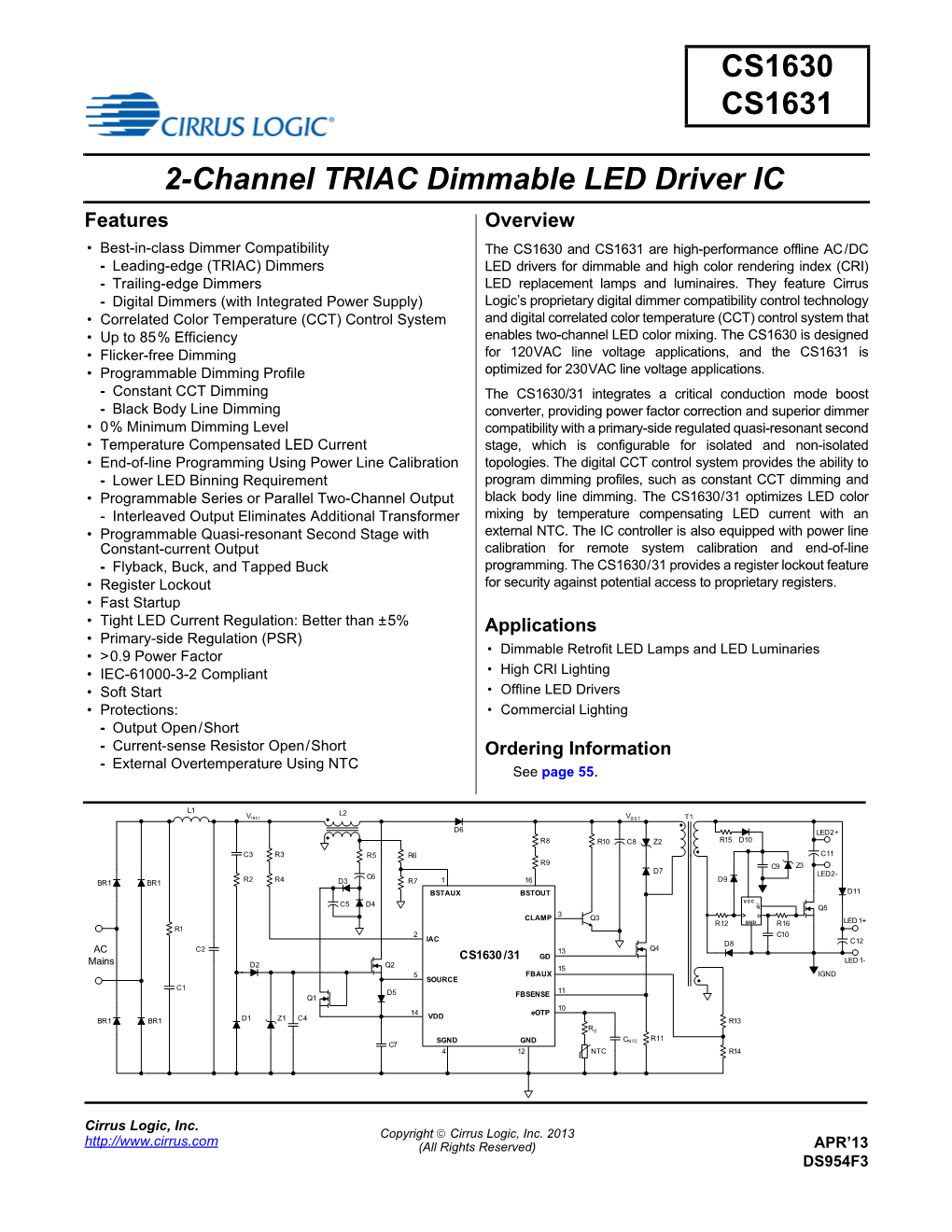 CS1630 CS1631 2-Channel TRIAC Dimmable LED Driver IC