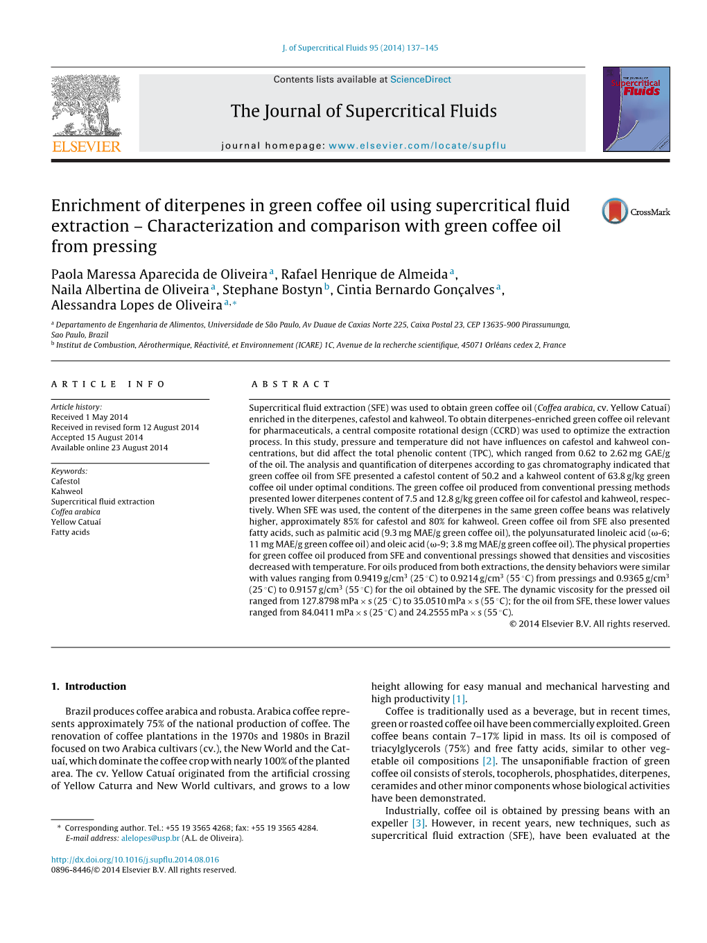 Enrichment of Diterpenes in Green Coffee Oil Using Supercritical ﬂuid