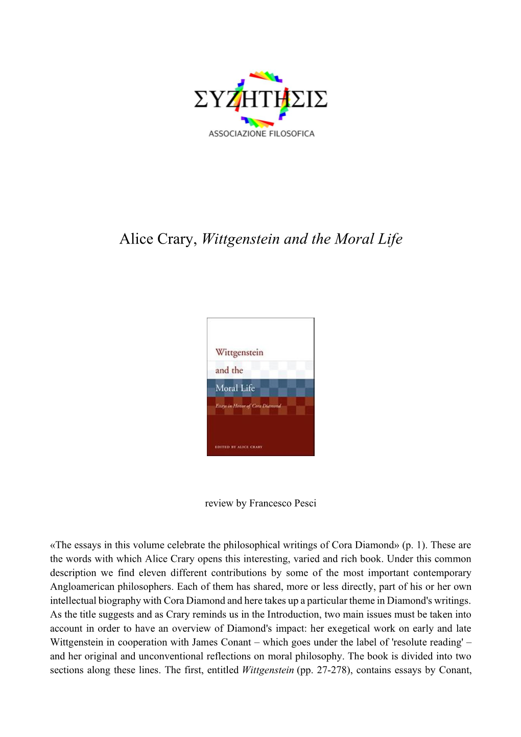 Alice Crary, Wittgenstein and the Moral Life