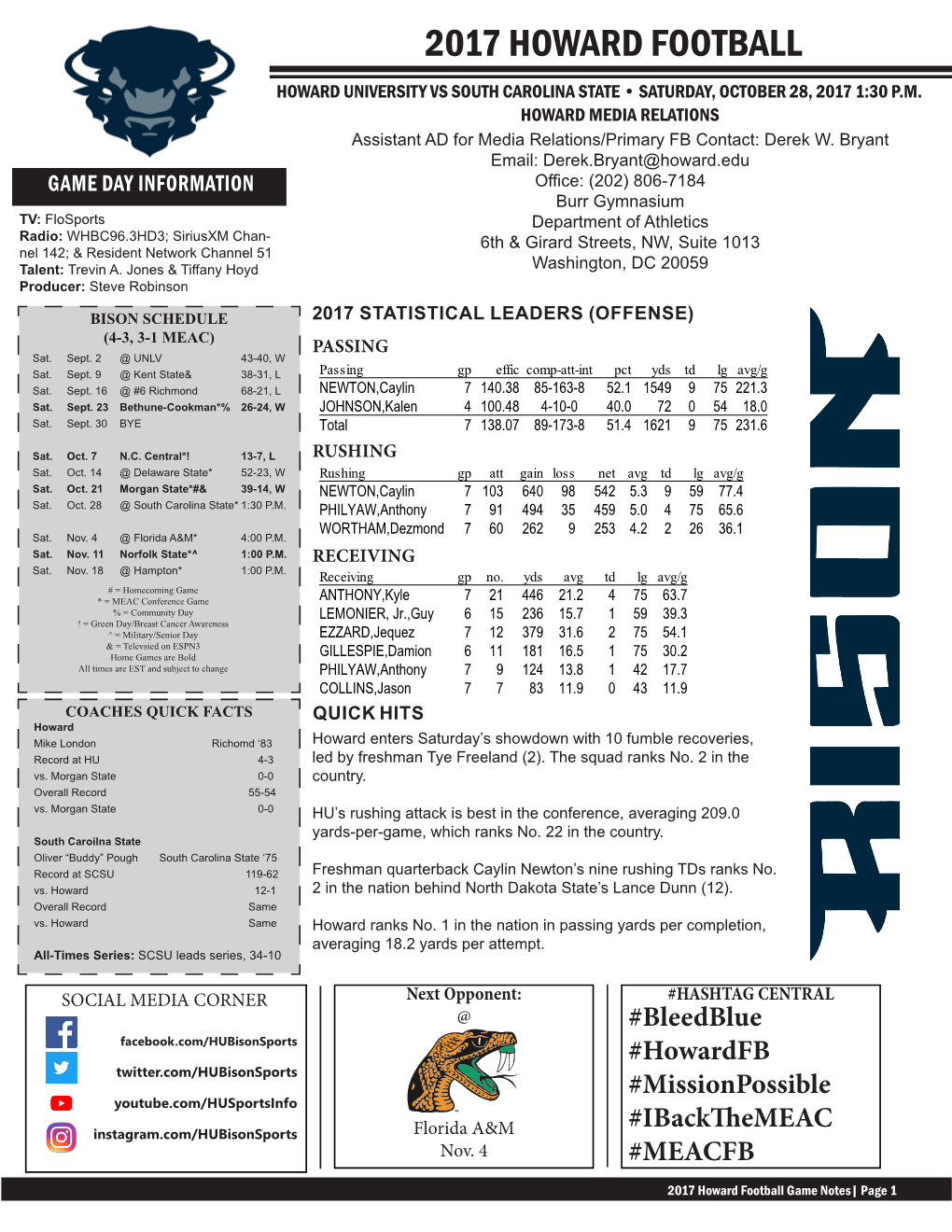 2017 Howard Football Game Notes| Page 1 MEAC FOOTBALL MEAC FOOTBALL