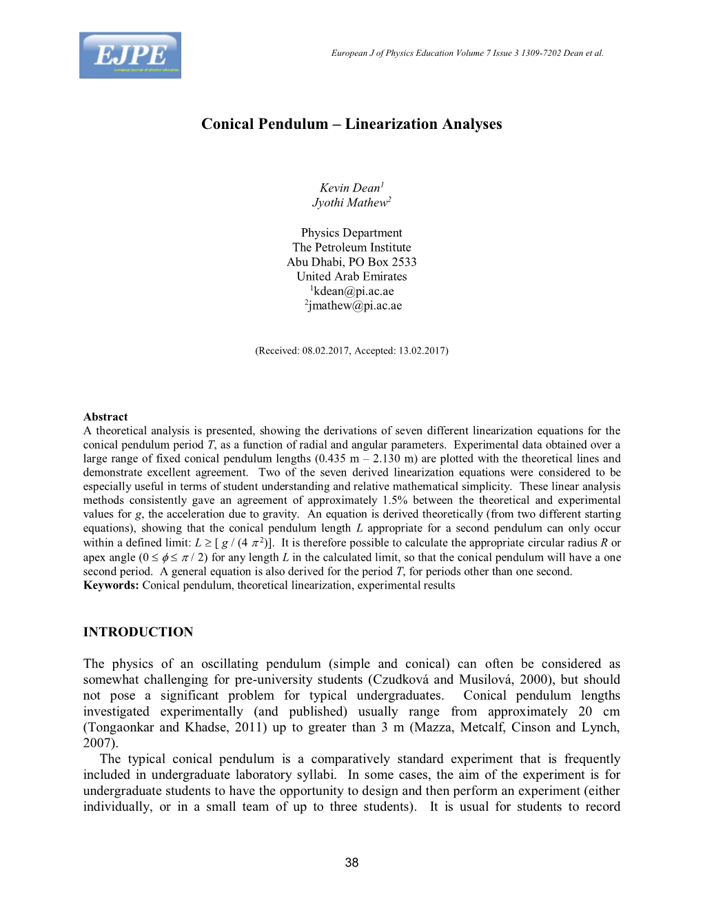 Conical Pendulum – Linearization Analyses