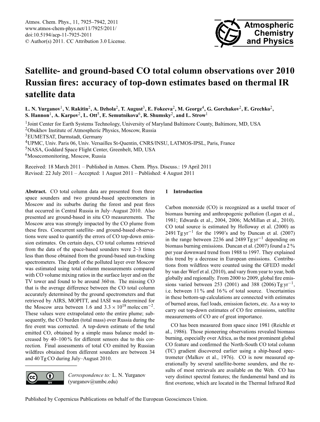 And Ground-Based CO Total Column Observations Over 2010 Russian Fires