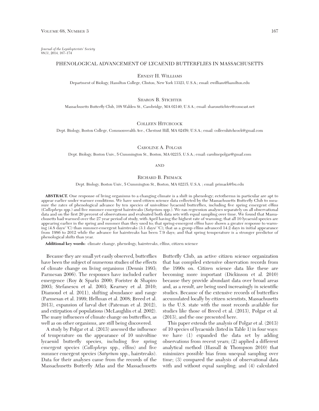 Phenological Advancement of Lycaenid Butterflies in Massachusetts