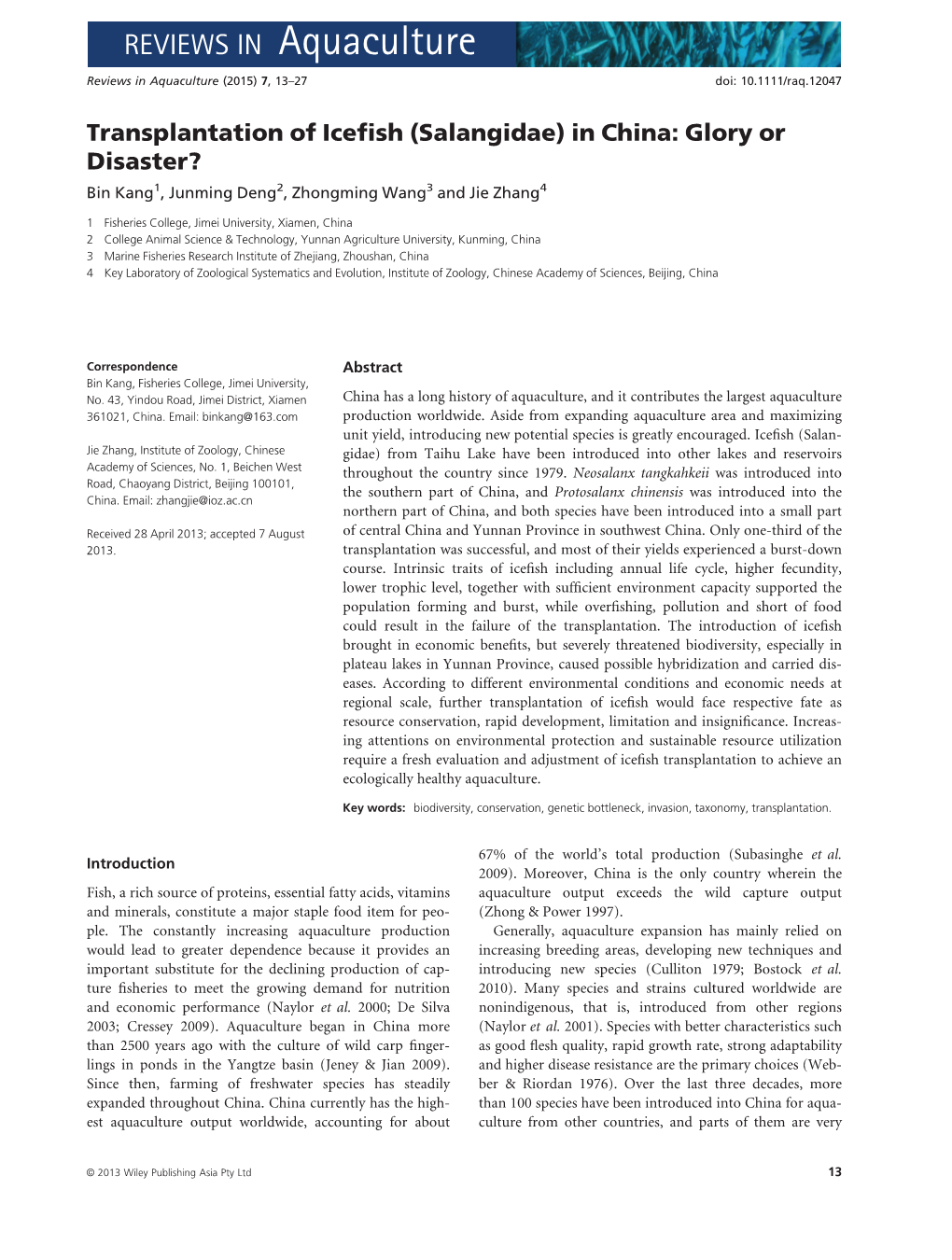 Transplantation of Icefish (Salangidae) in China: Glory Or