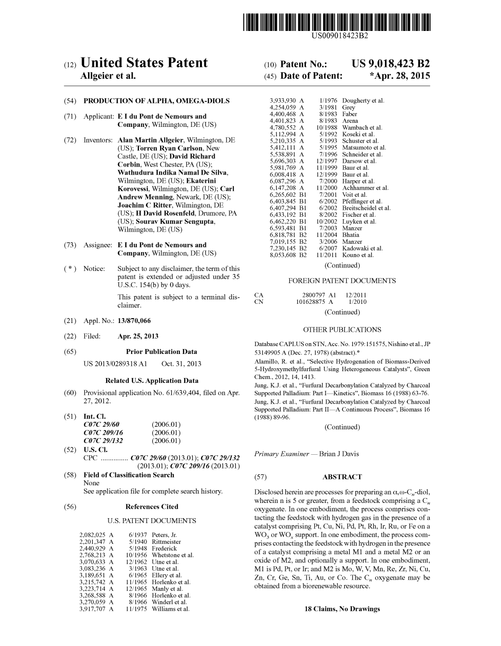 (12) United States Patent (10) Patent No.: US 9,018,423 B2 Allgeier Et Al