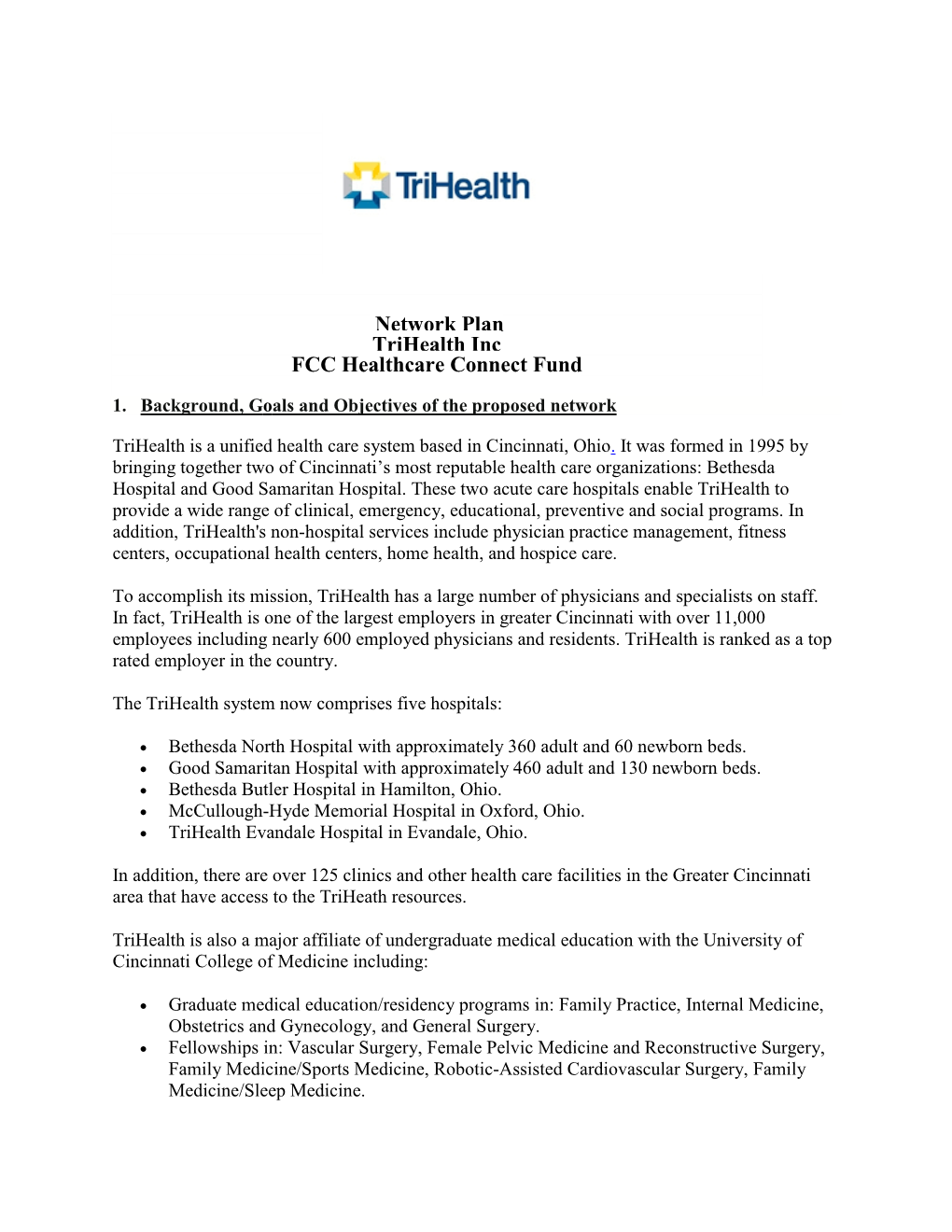 Network Plan Trihealth Inc FCC Healthcare Connect Fund