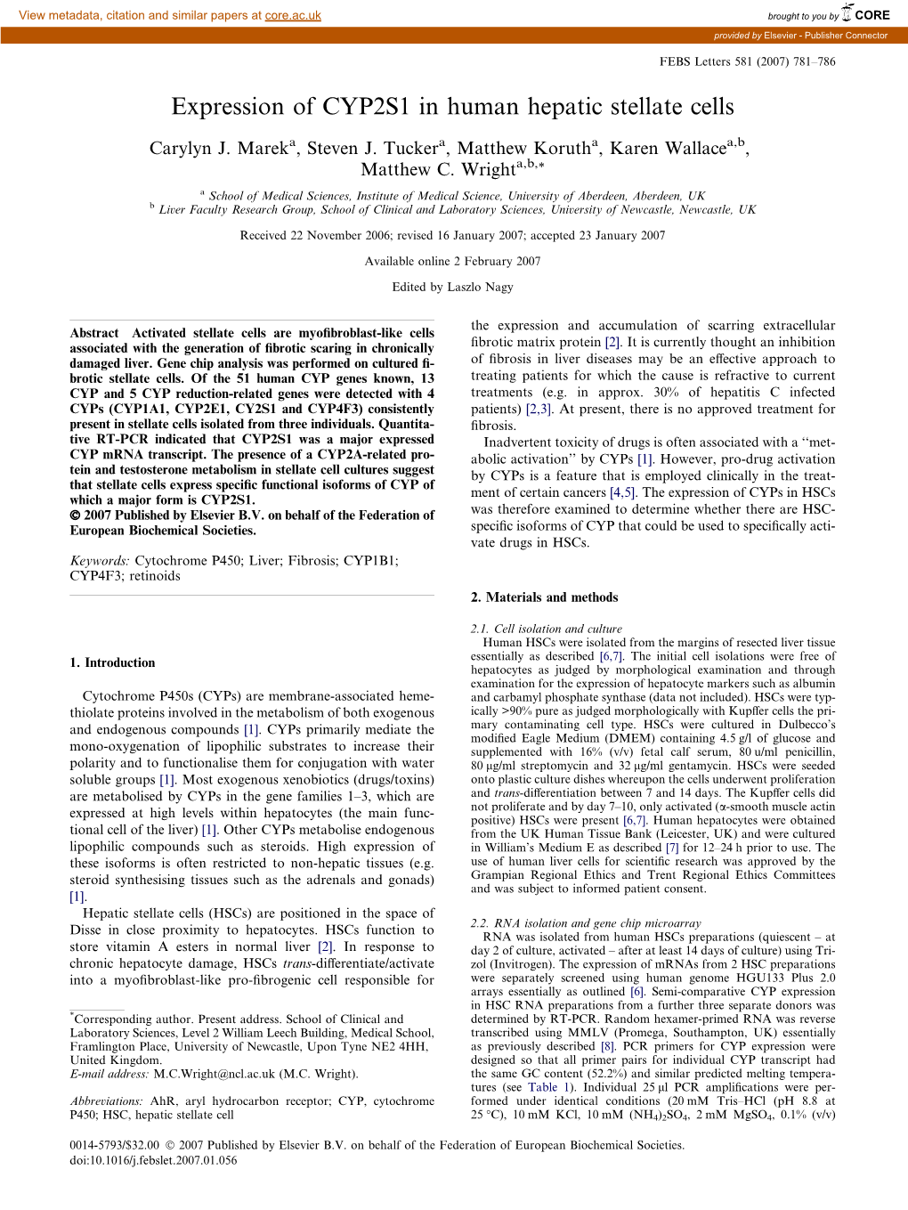 Expression of CYP2S1 in Human Hepatic Stellate Cells