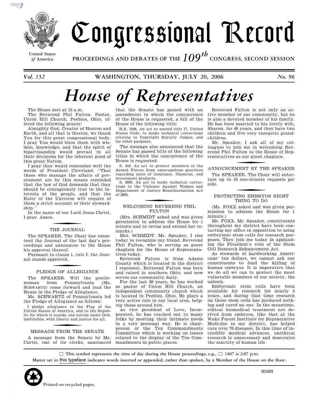 Congressional Record United States Th of America PROCEEDINGS and DEBATES of the 109 CONGRESS, SECOND SESSION