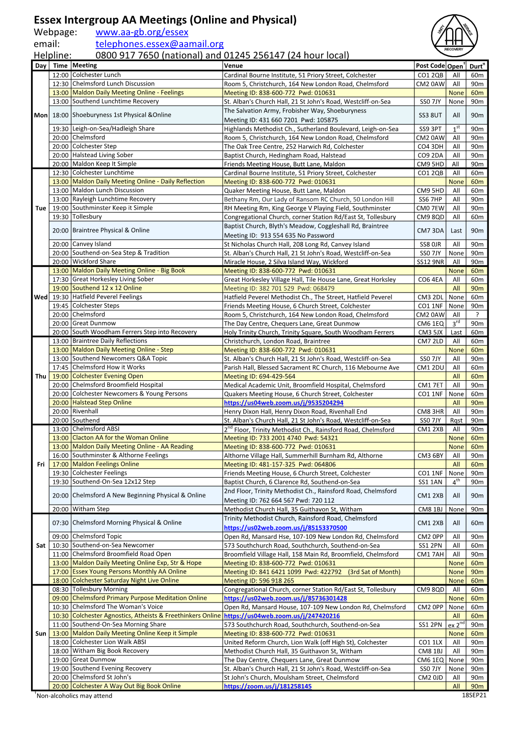 Essex Intergroup AA Meetings (Online and Physical) SERVICE