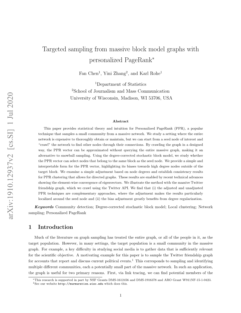 Targeted Sampling from Massive Block Model Graphs with Personalized Pagerank∗