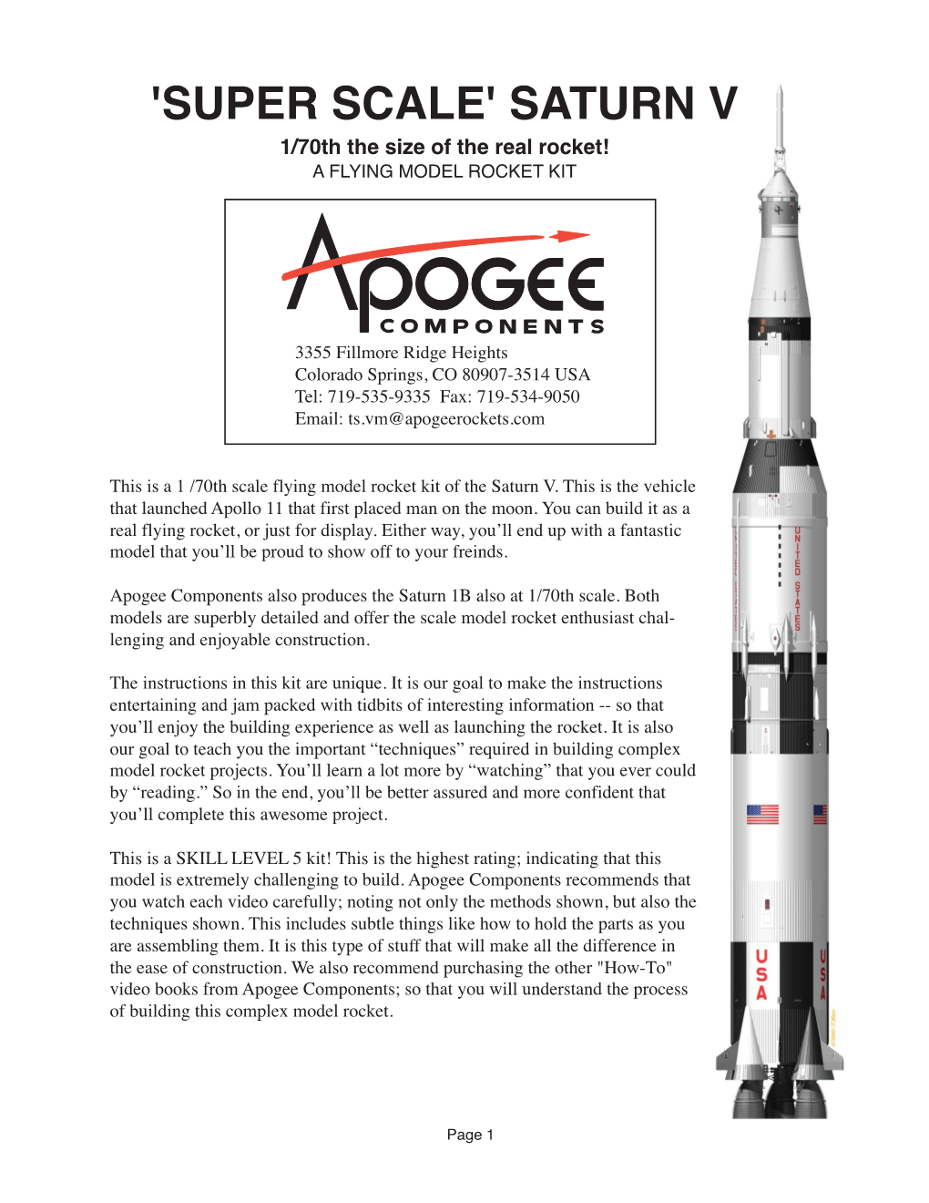 'SUPER SCALE' SATURN V 1/70Th the Size of the Real Rocket! a FLYING MODEL ROCKET KIT