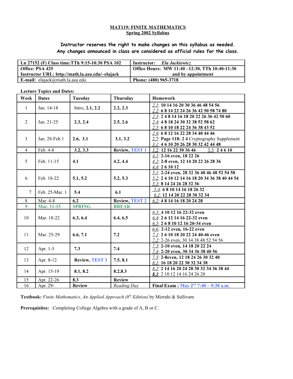 PRECALCULUS SYLLABUS Faires - Defranza