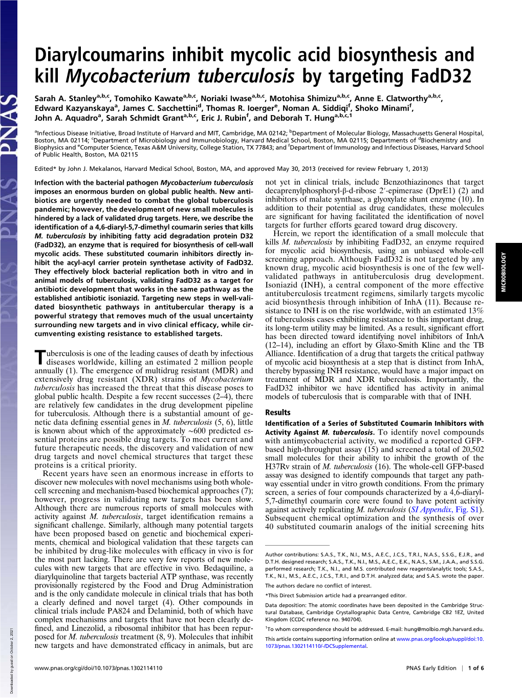 Diarylcoumarins Inhibit Mycolic Acid Biosynthesis and Kill Mycobacterium Tuberculosis by Targeting Fadd32