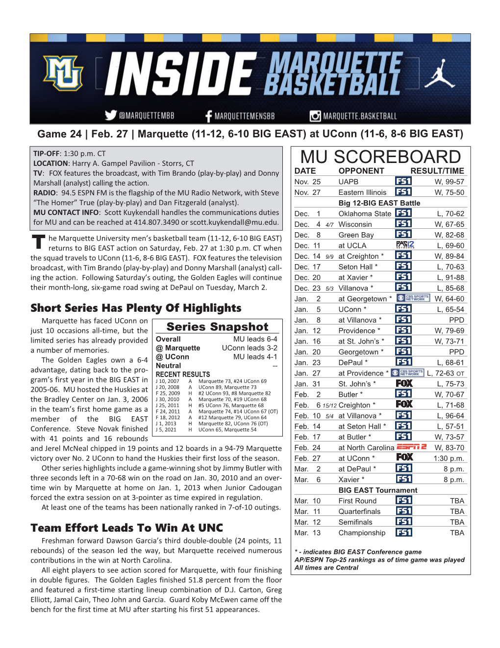 Marquette Game Notes Page 2 INJURY REPORT LAST GAME STARTERS Player (Injury) Status NAME POS