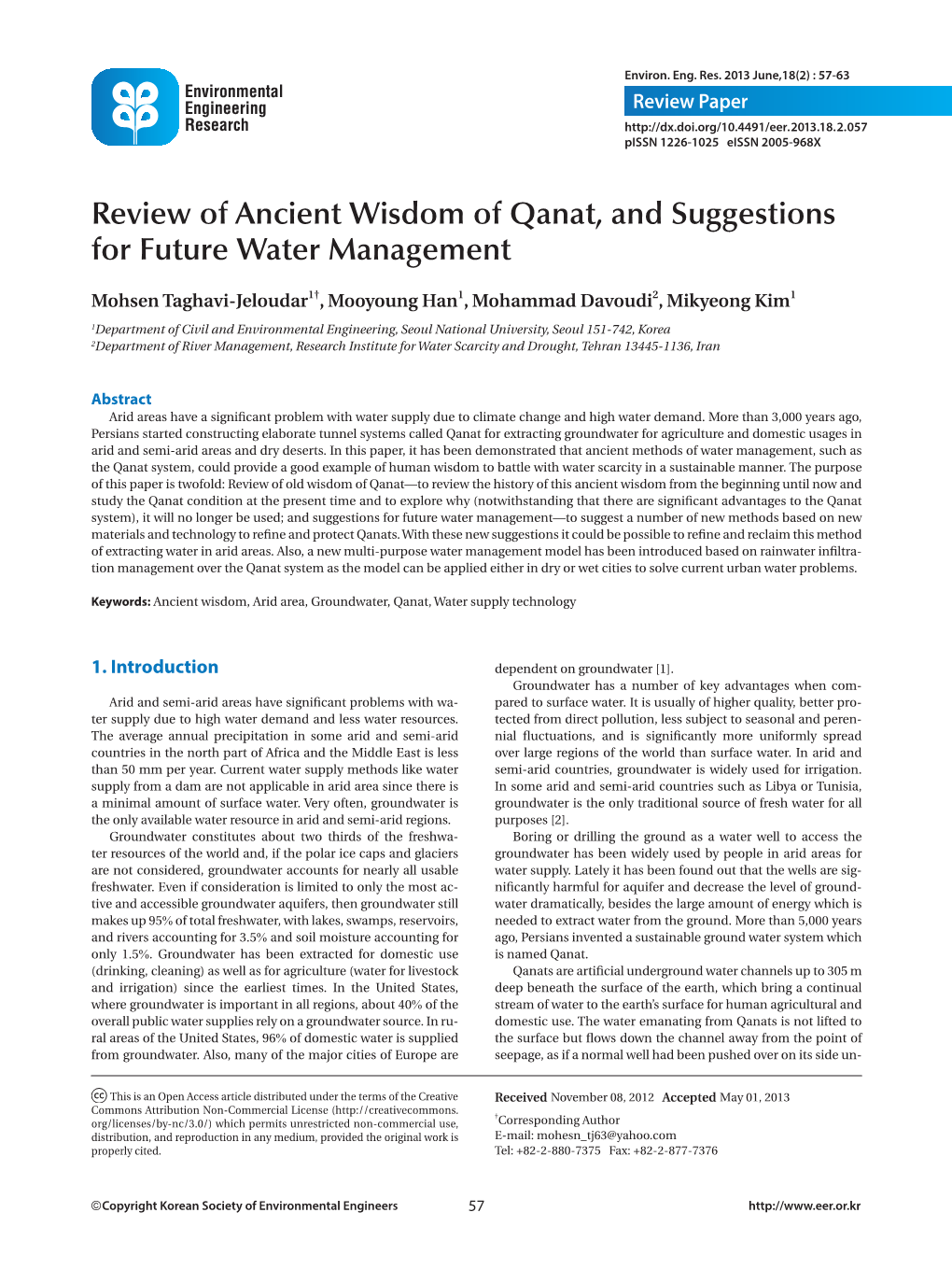 Review of Ancient Wisdom of Qanat, and Suggestions for Future Water Management