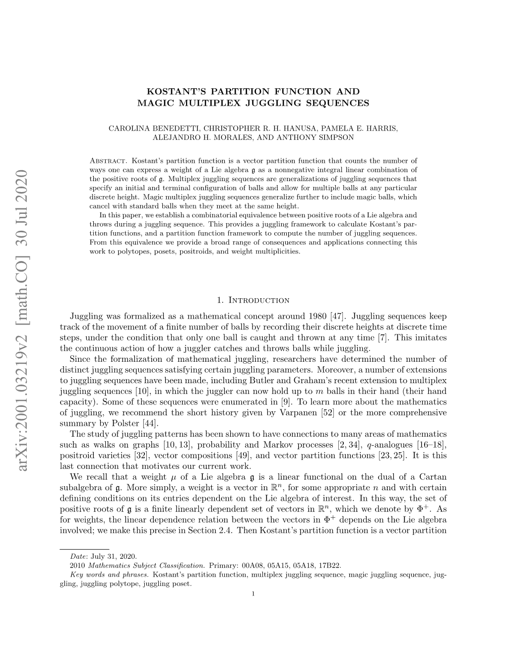 Kostant's Partition Function and Magic Multiplex Juggling Sequences