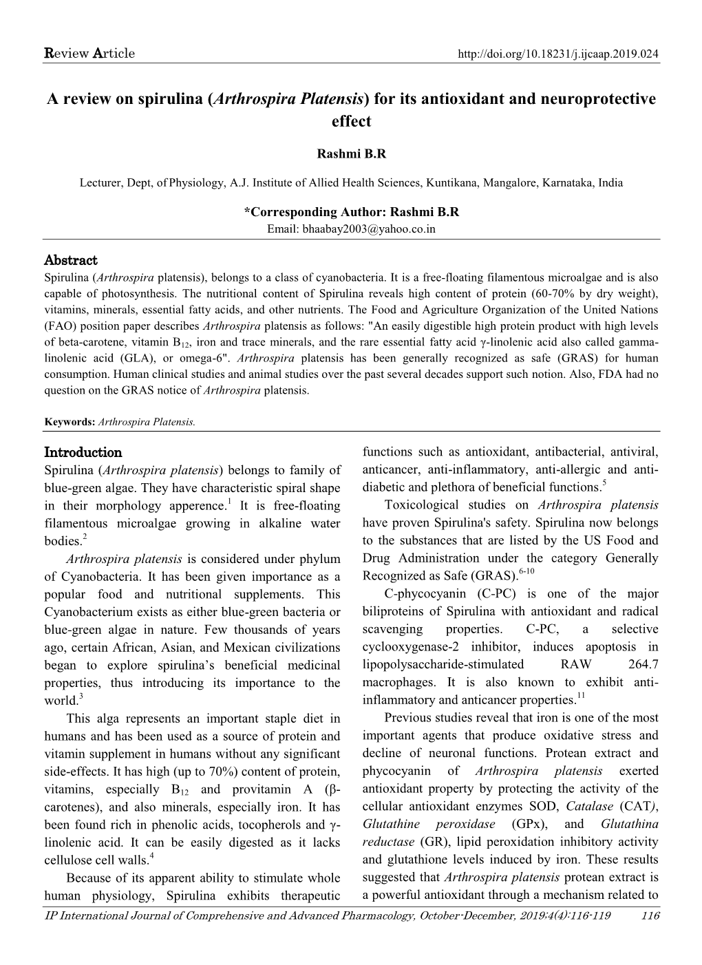 Arthrospira Platensis) for Its Antioxidant and Neuroprotective Effect