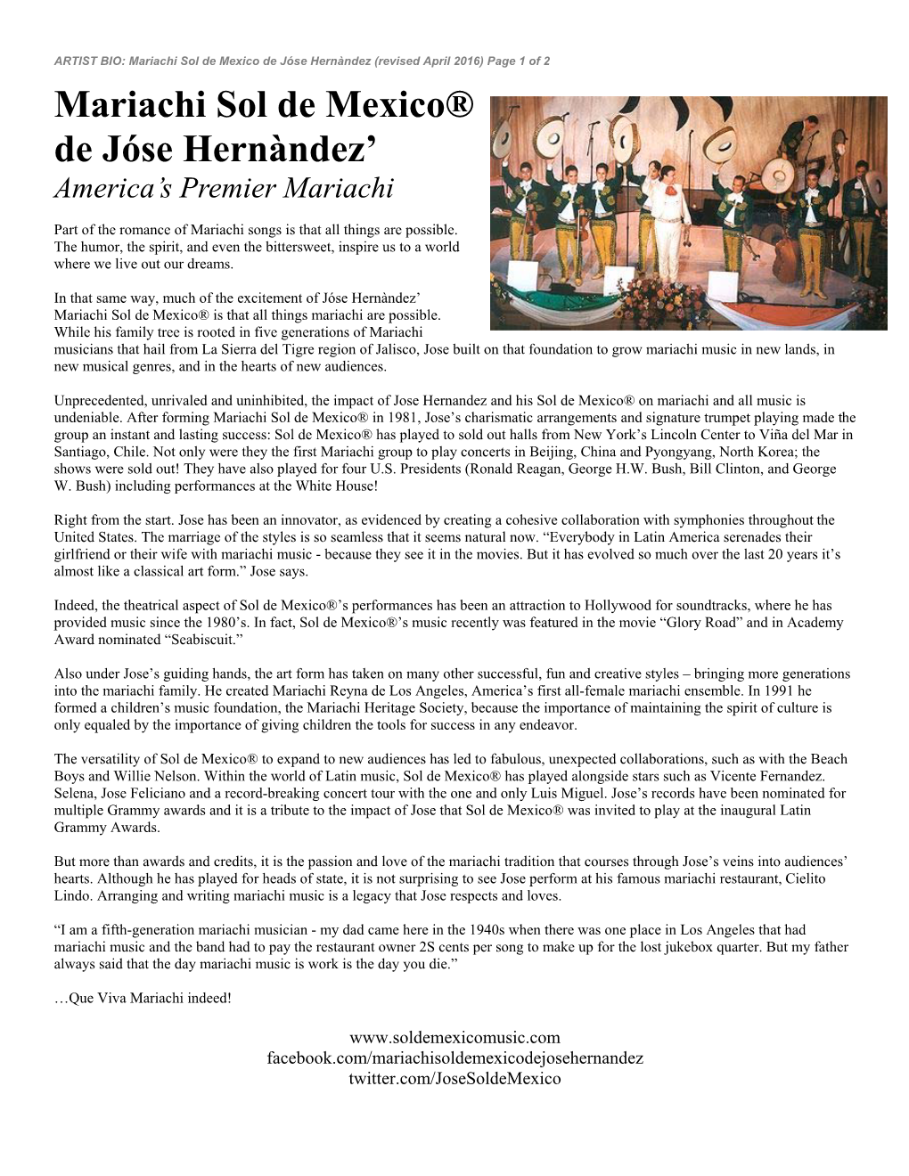 Mariachi Sol De Mexico® De Jóse Hernàndez'