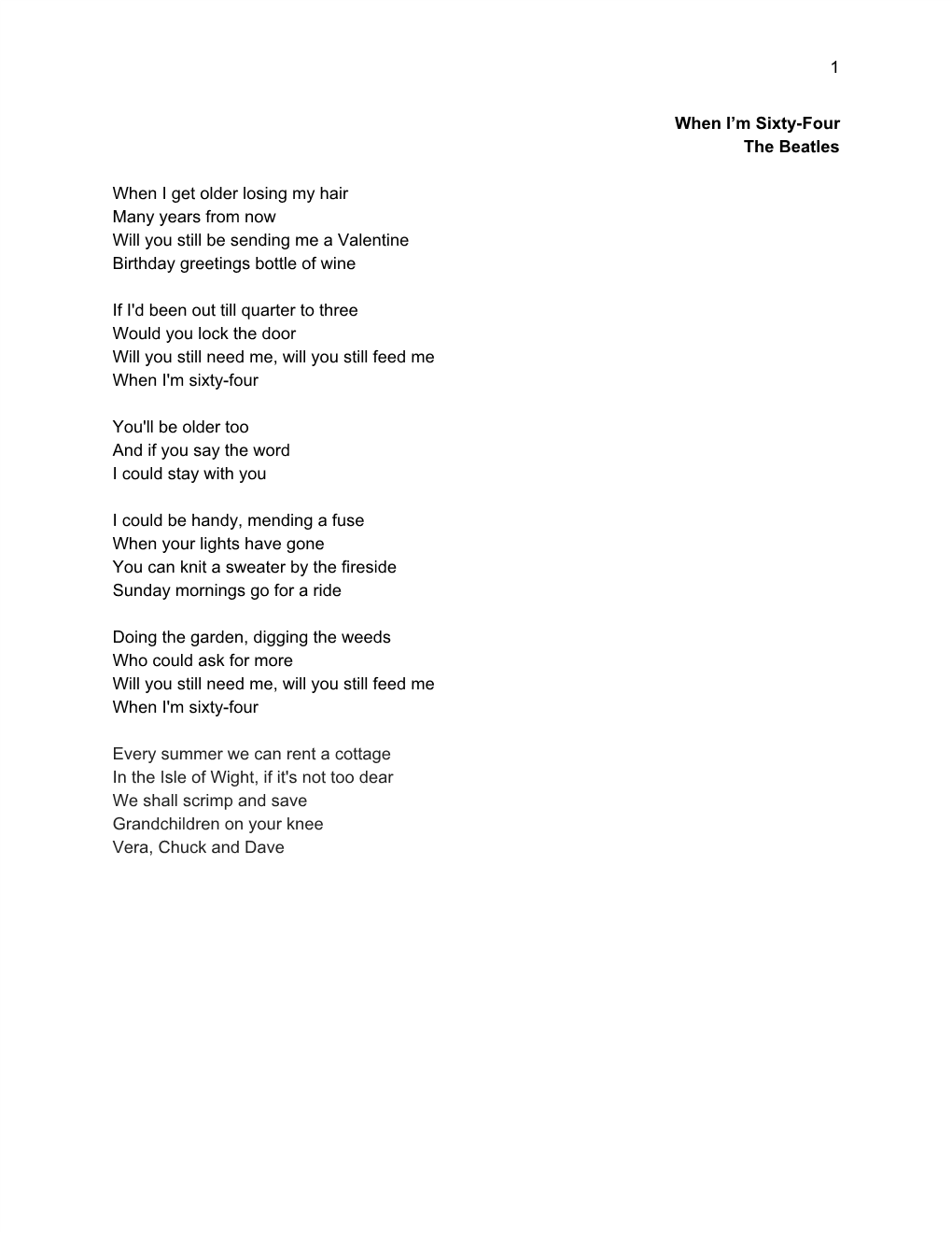 1 When I'm Sixty-Four the Beatles When I Get Older Losing My Hair