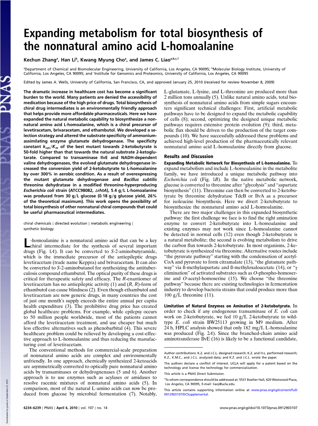 Expanding Metabolism for Total Biosynthesis of the Nonnatural Amino Acid L-Homoalanine