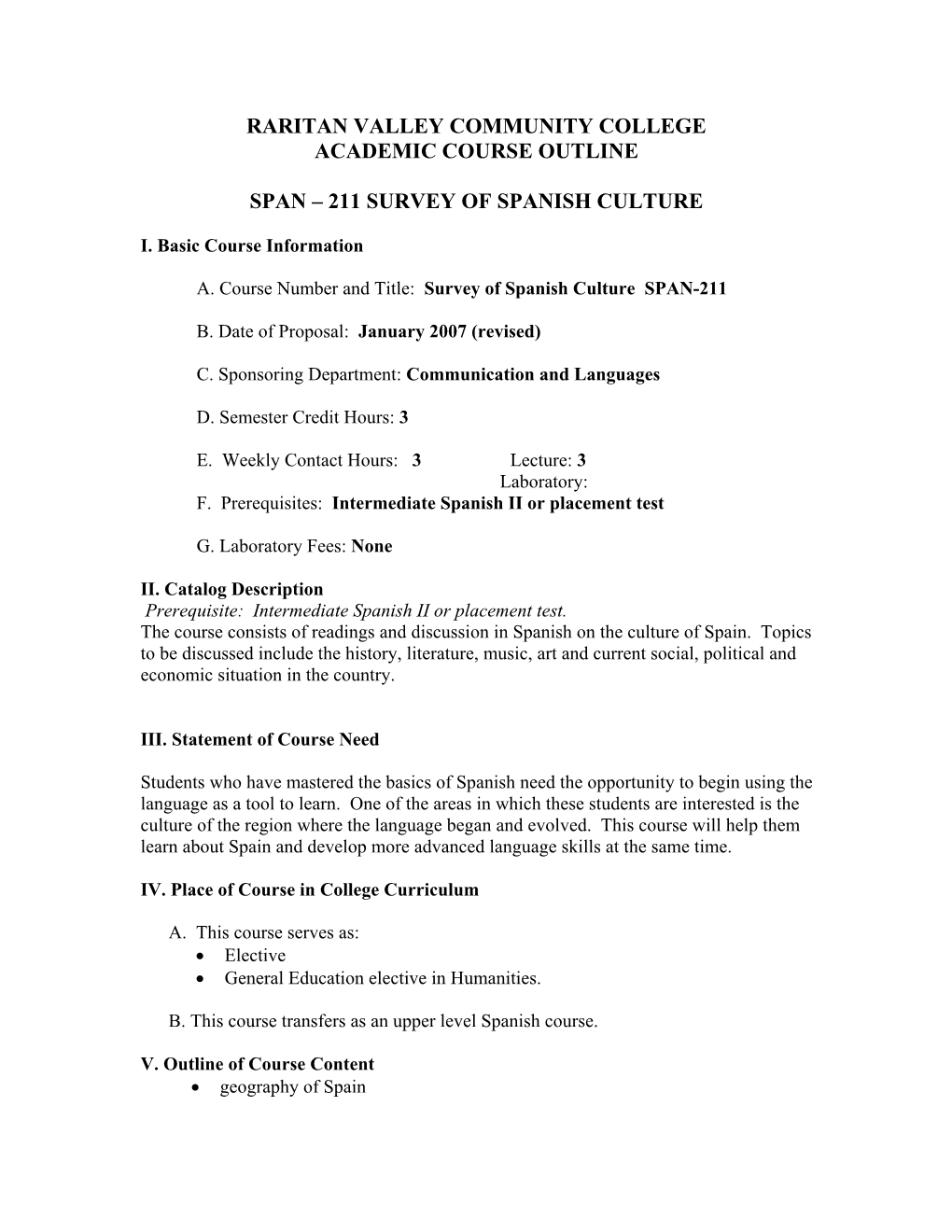 Raritan Valley Community College Academic Course Outline