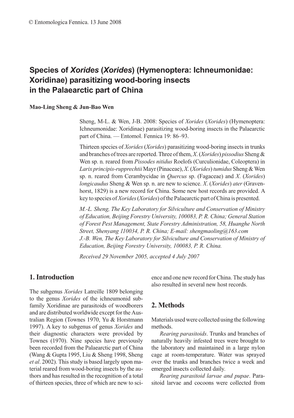 (Xorides) (Hymenoptera: Ichneumonidae: Xoridinae) Parasitizing Wood-Boring Insects in the Palaearctic Part of China