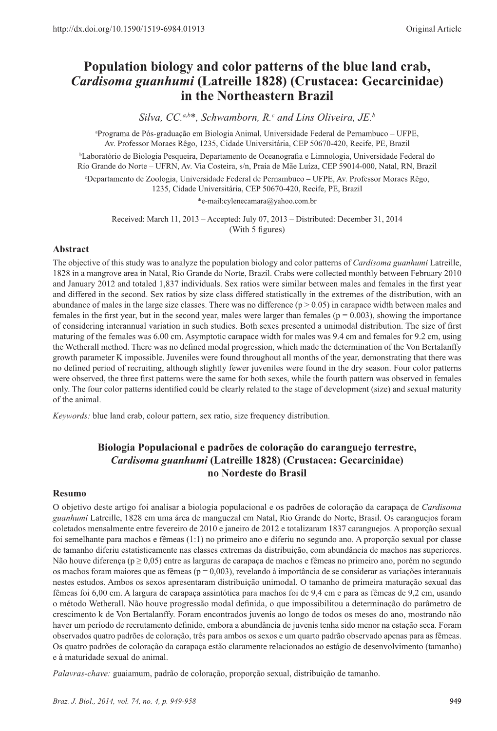 Population Biology and Color Patterns of the Blue Land Crab, Cardisoma