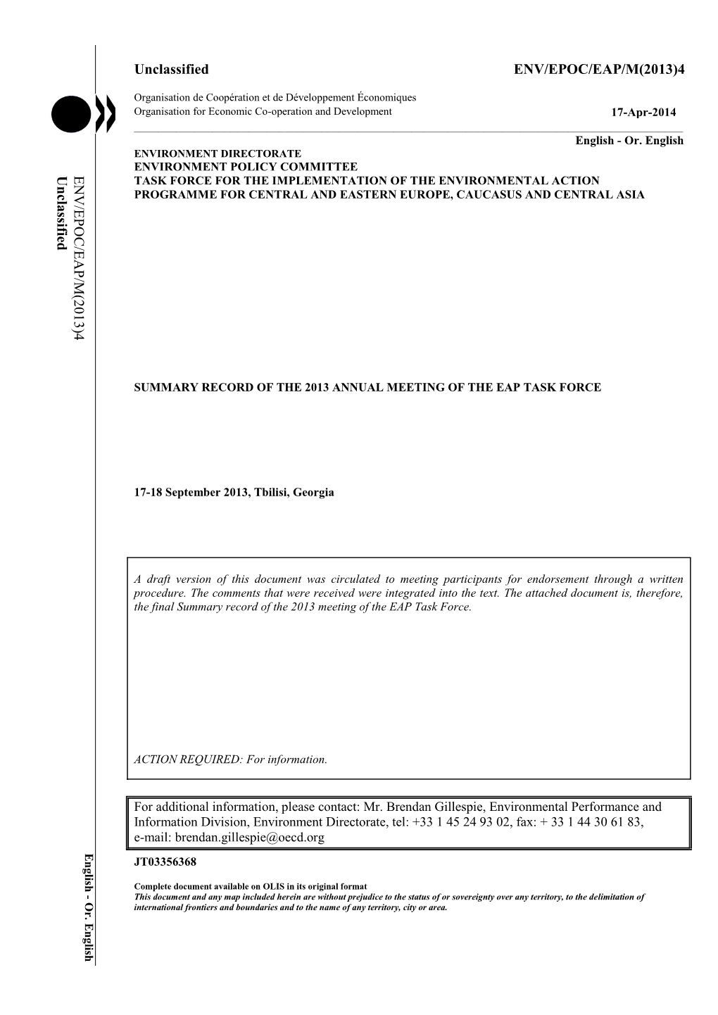 Unclassified ENV/EPOC/EAP/M(2013)4